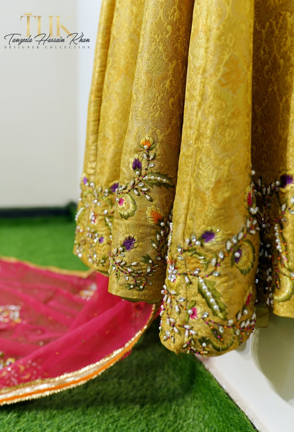 2-Piece Mustard Yellow Embroidered Jamawar Pishwas