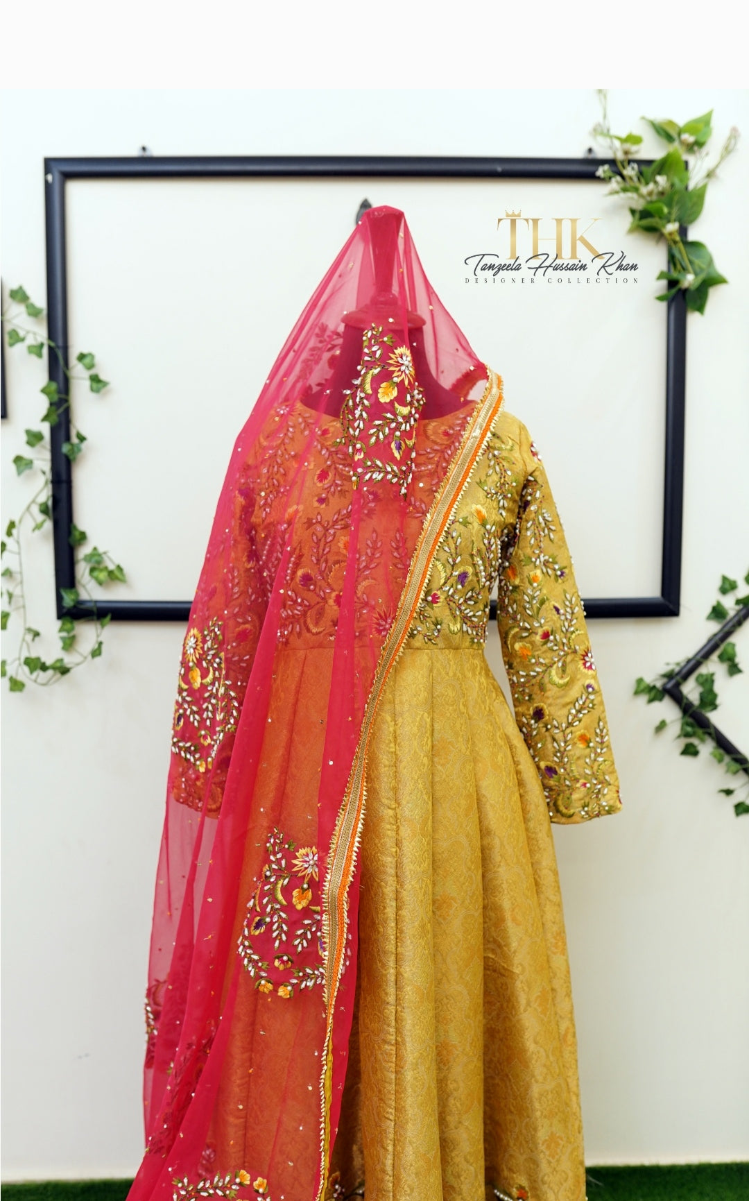 2-Piece Mustard Yellow Embroidered Jamawar Pishwas
