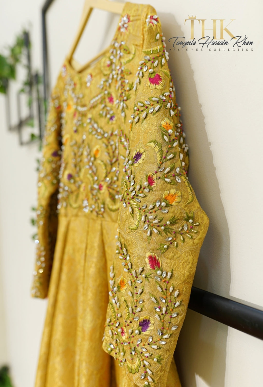 2-Piece Mustard Yellow Embroidered Jamawar Pishwas