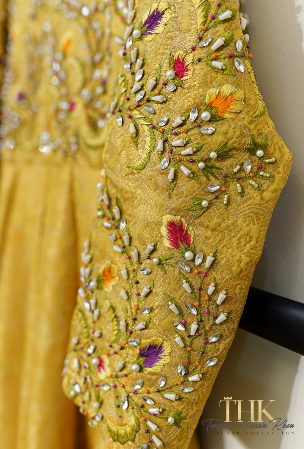 2-Piece Mustard Yellow Embroidered Jamawar Pishwas