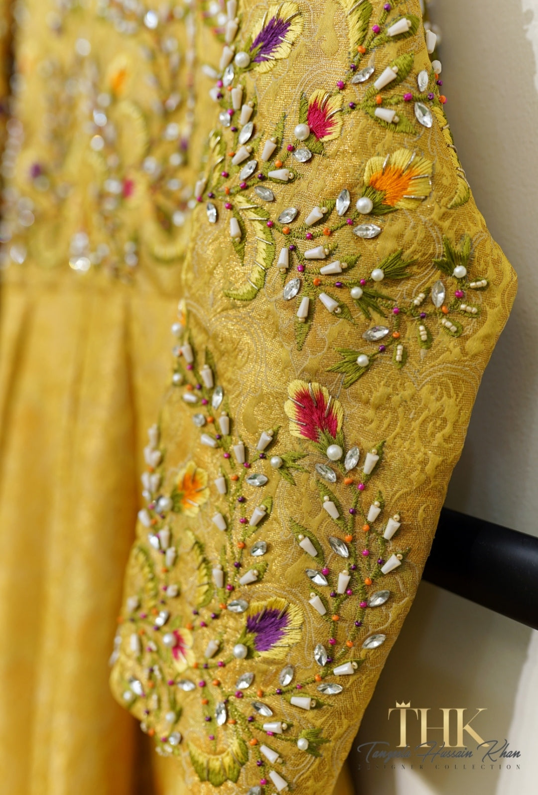 2-Piece Mustard Yellow Embroidered Jamawar Pishwas