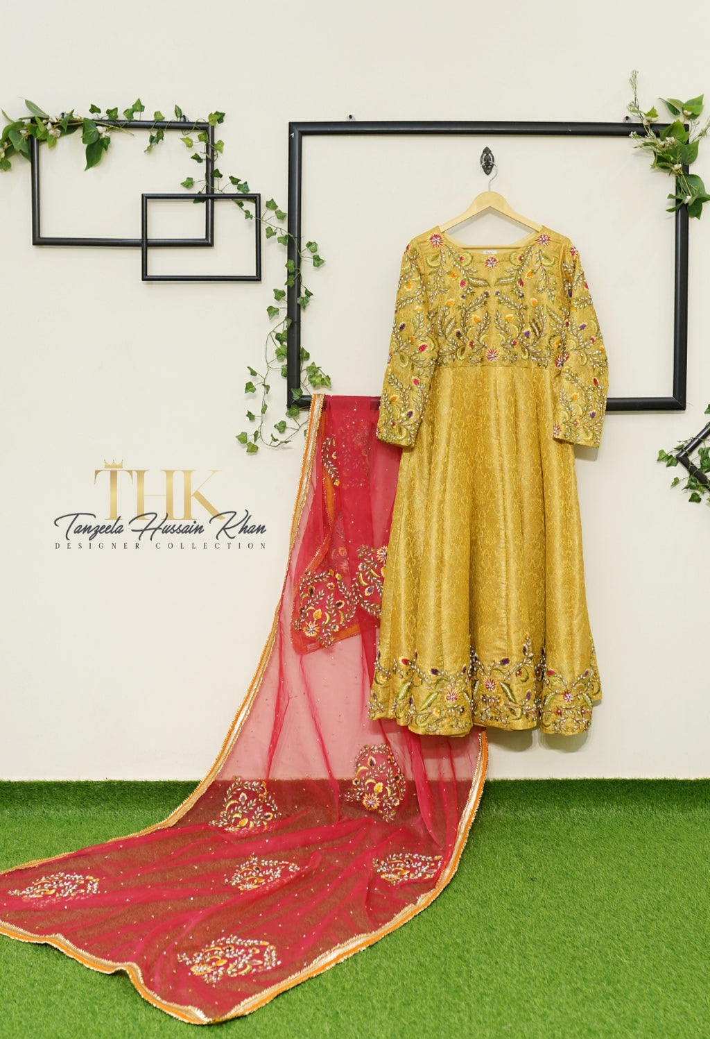 2-Piece Mustard Yellow Embroidered Jamawar Pishwas