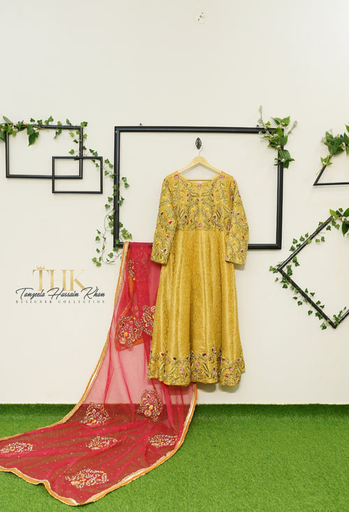 2-Piece Mustard Yellow Embroidered Jamawar Pishwas