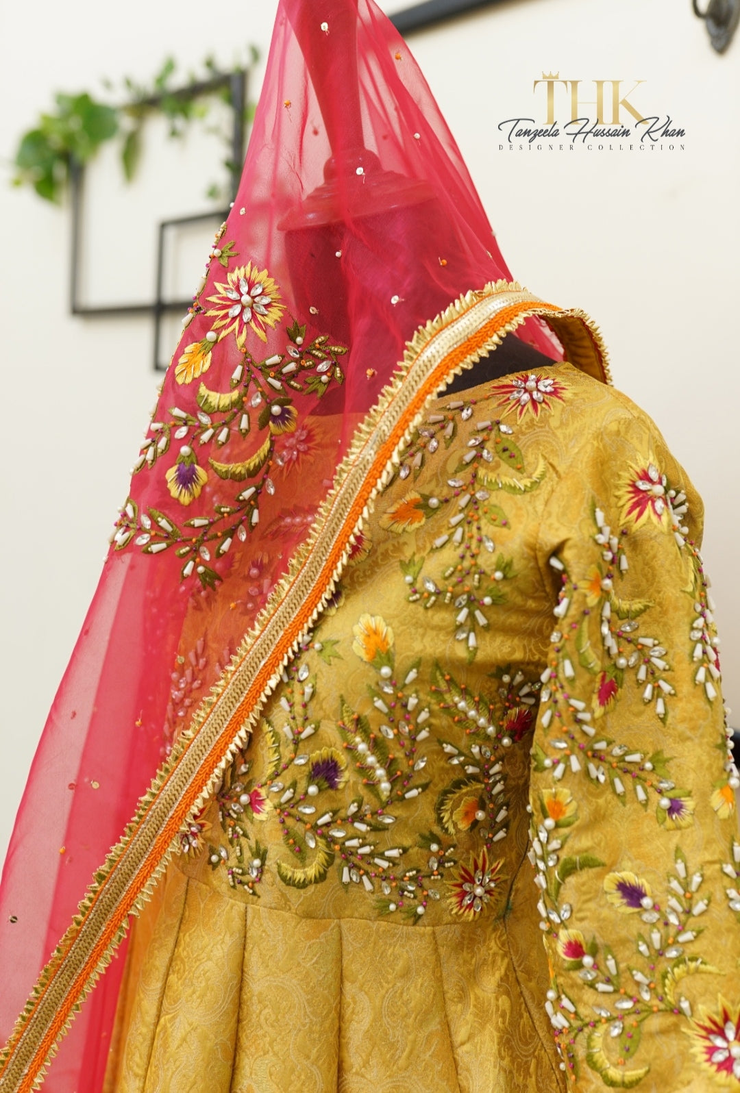 2-Piece Mustard Yellow Embroidered Jamawar Pishwas