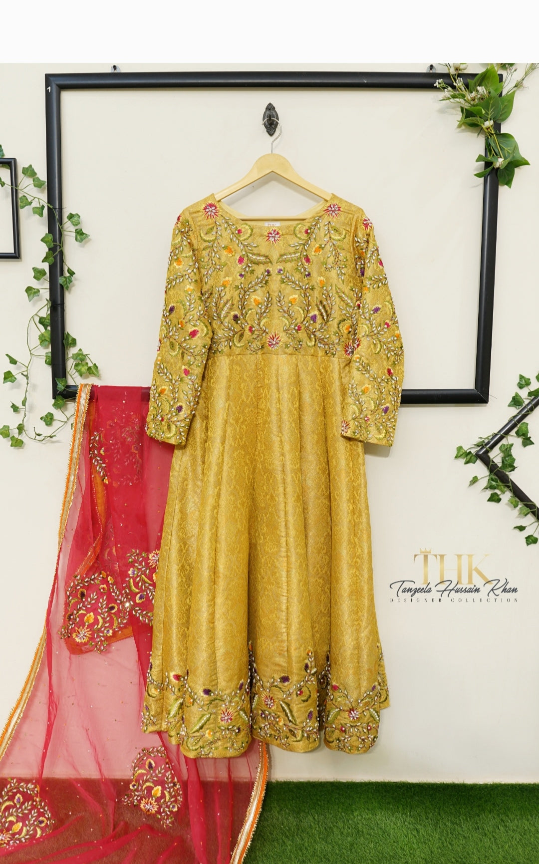 2-Piece Mustard Yellow Embroidered Jamawar Pishwas
