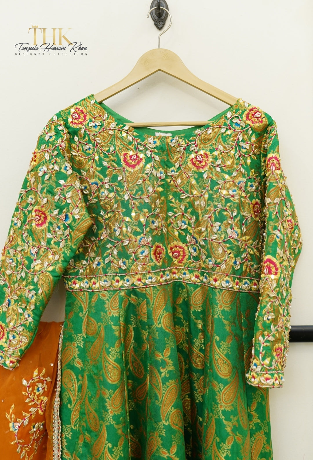 2-Piece Green Jamawar Atlas Embroidered Pishwas