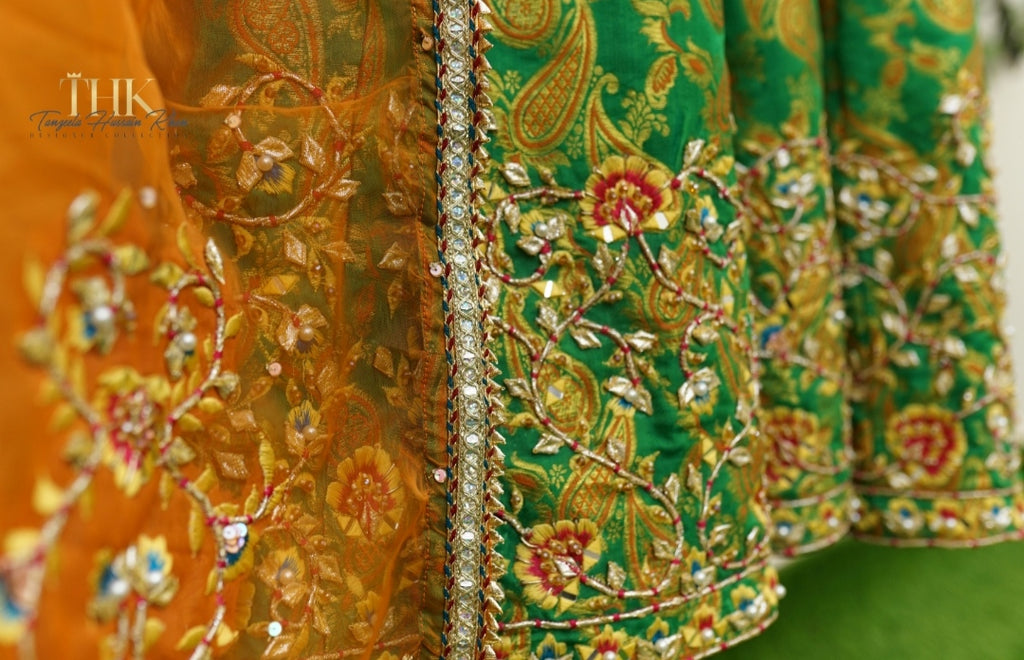 2-Piece Green Jamawar Atlas Embroidered Pishwas