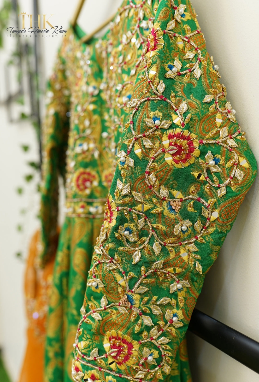 2-Piece Green Jamawar Atlas Embroidered Pishwas