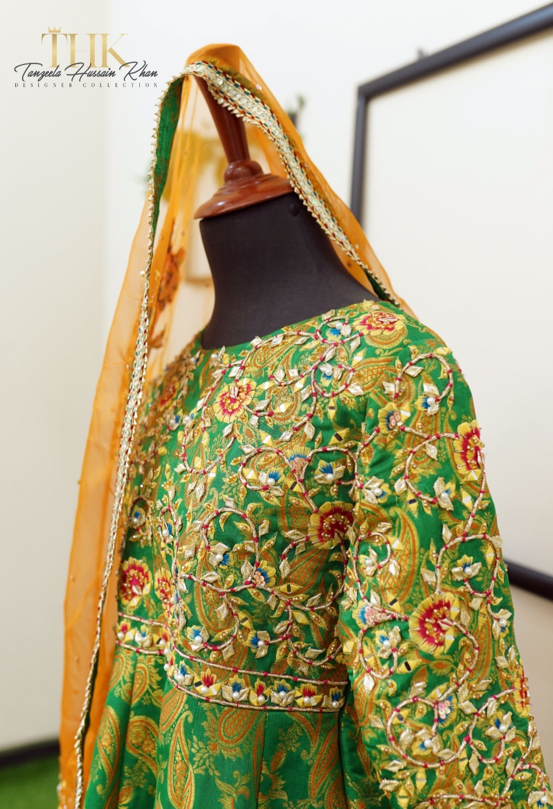 2-Piece Green Jamawar Atlas Embroidered Pishwas