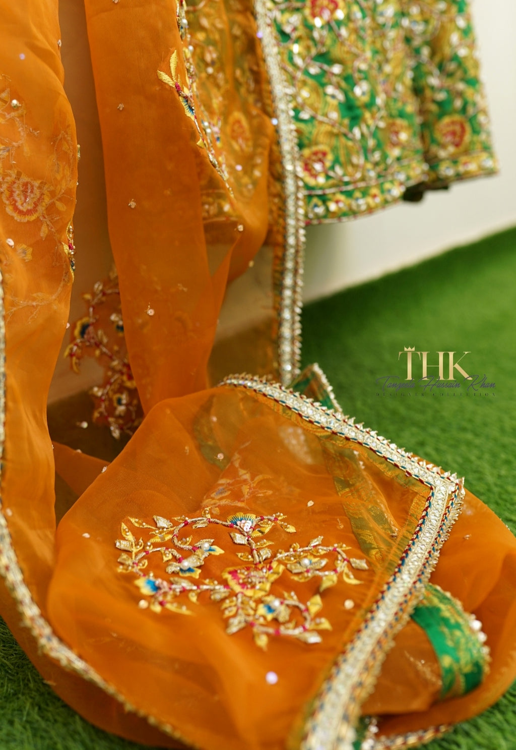 2-Piece Green Jamawar Atlas Embroidered Pishwas