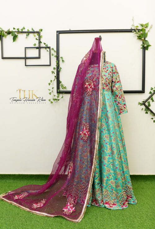 2-Piece Ferozi Jamawar Embroidered Maxi