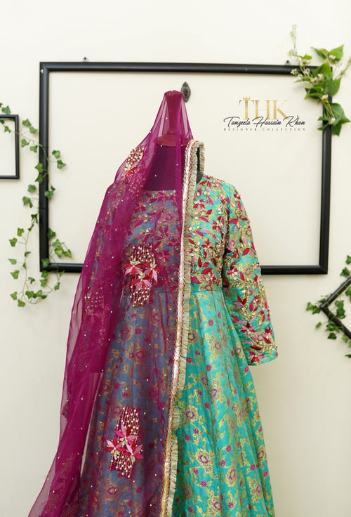 2-Piece Ferozi Jamawar Embroidered Maxi