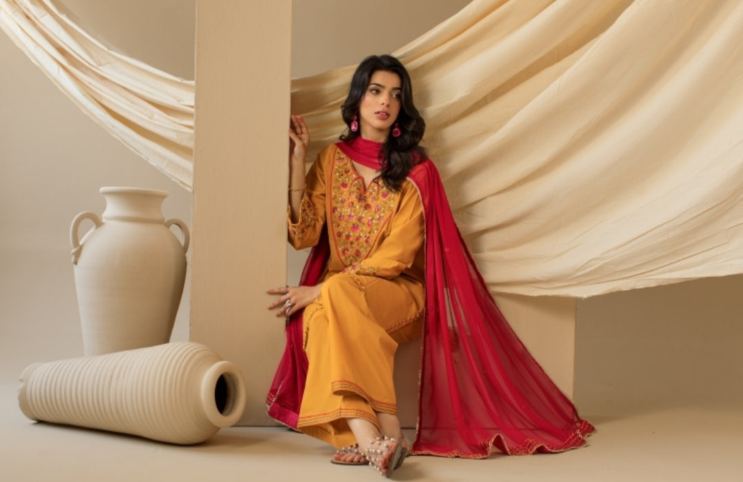 3-Piece Yellow Embroidered Lawn