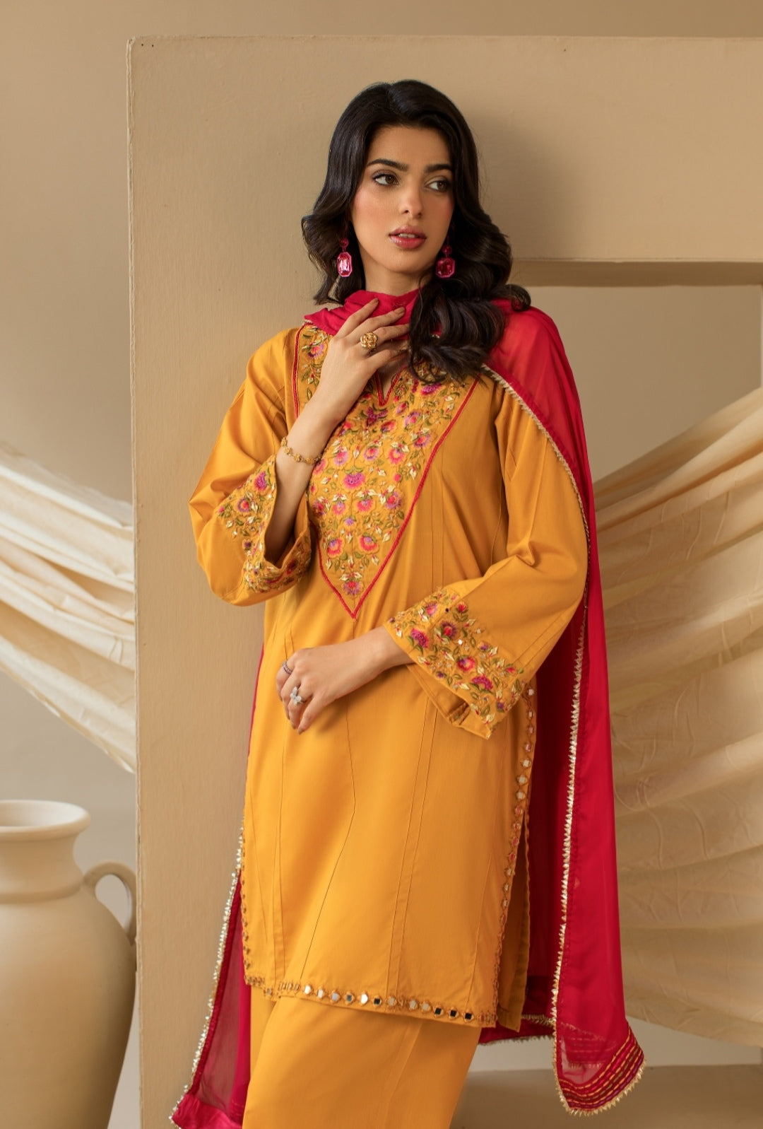 3-Piece Yellow Embroidered Lawn