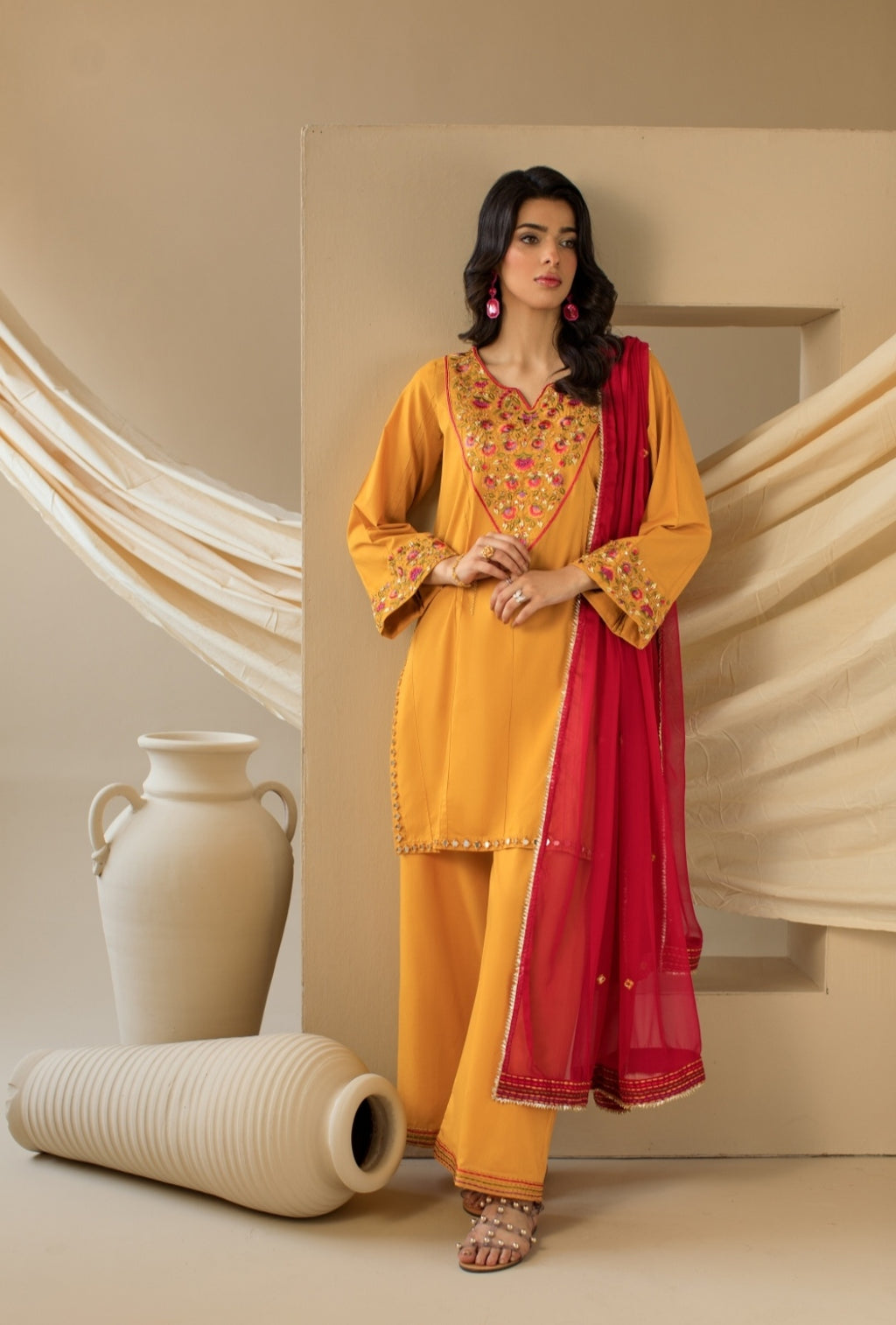 3-Piece Yellow Embroidered Lawn