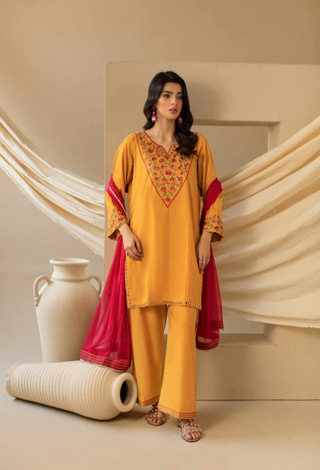 3-Piece Yellow Embroidered Lawn