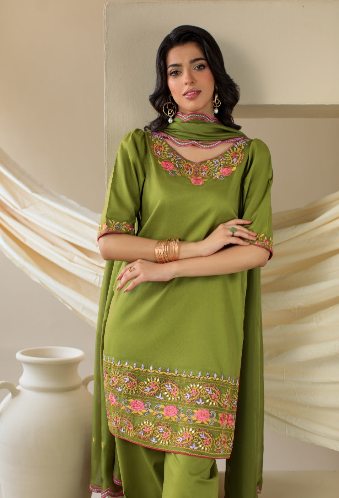 3-Piece Parrot Green Embroidered Lawn