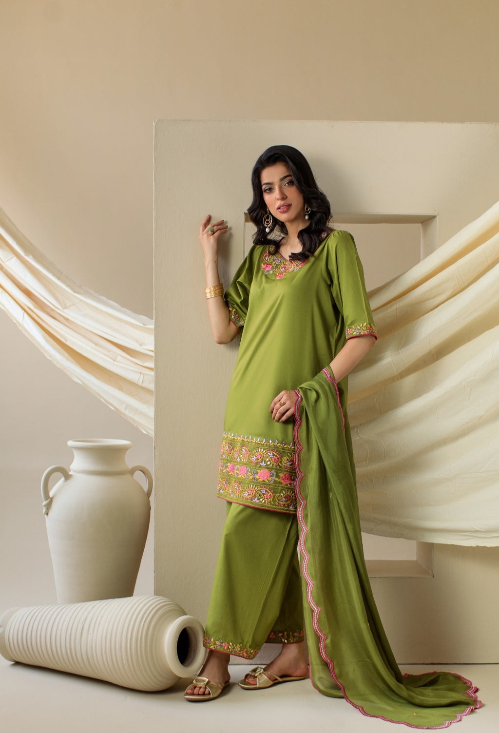 3-Piece Parrot Green Embroidered Lawn