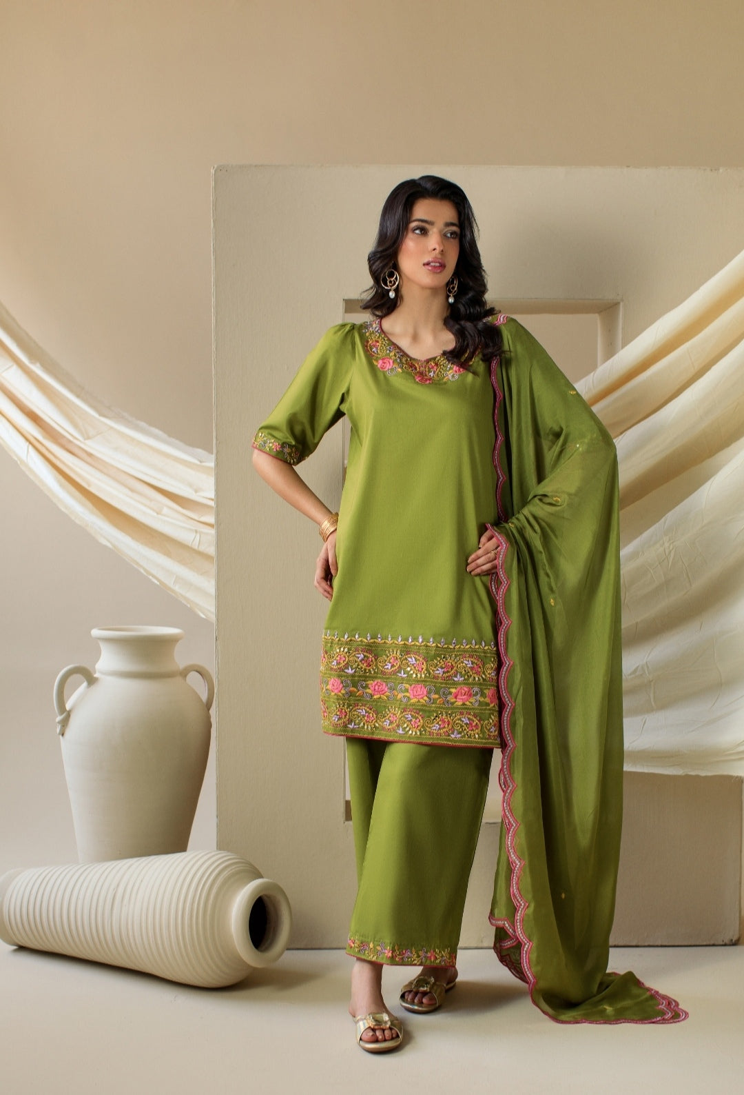 3-Piece Parrot Green Embroidered Lawn