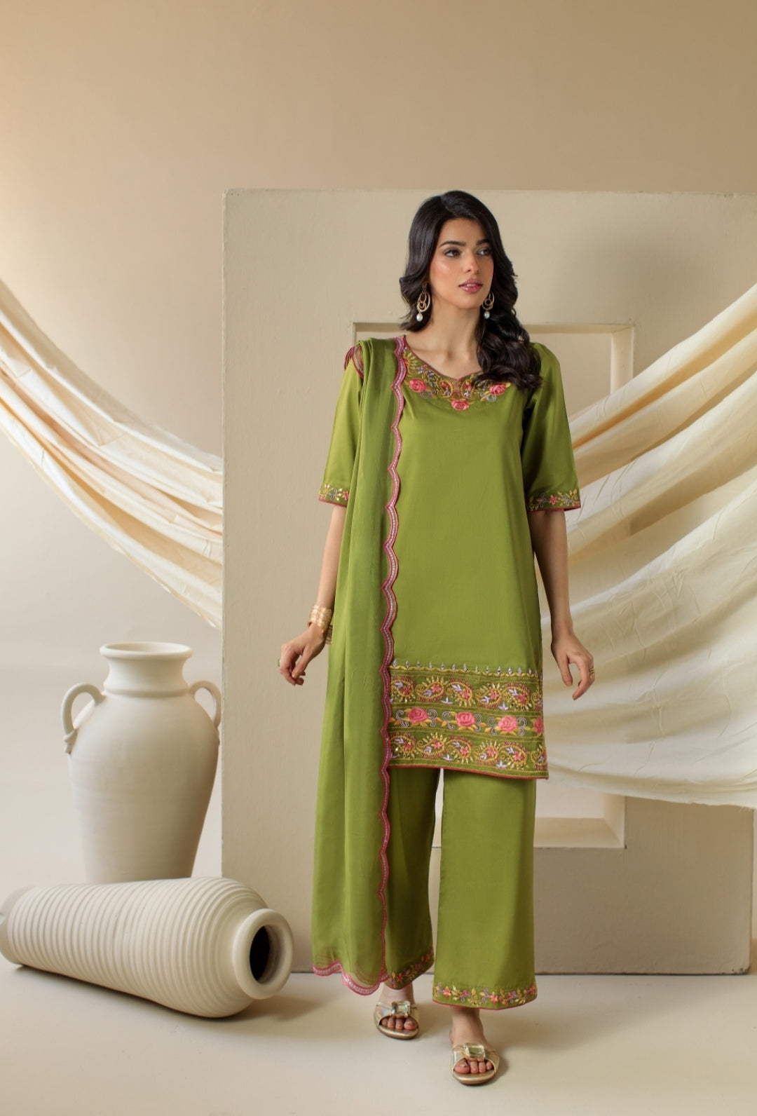 3-Piece Parrot Green Embroidered Lawn