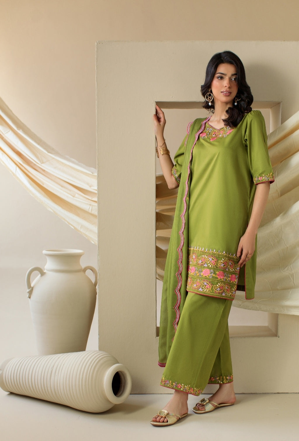 3-Piece Parrot Green Embroidered Lawn