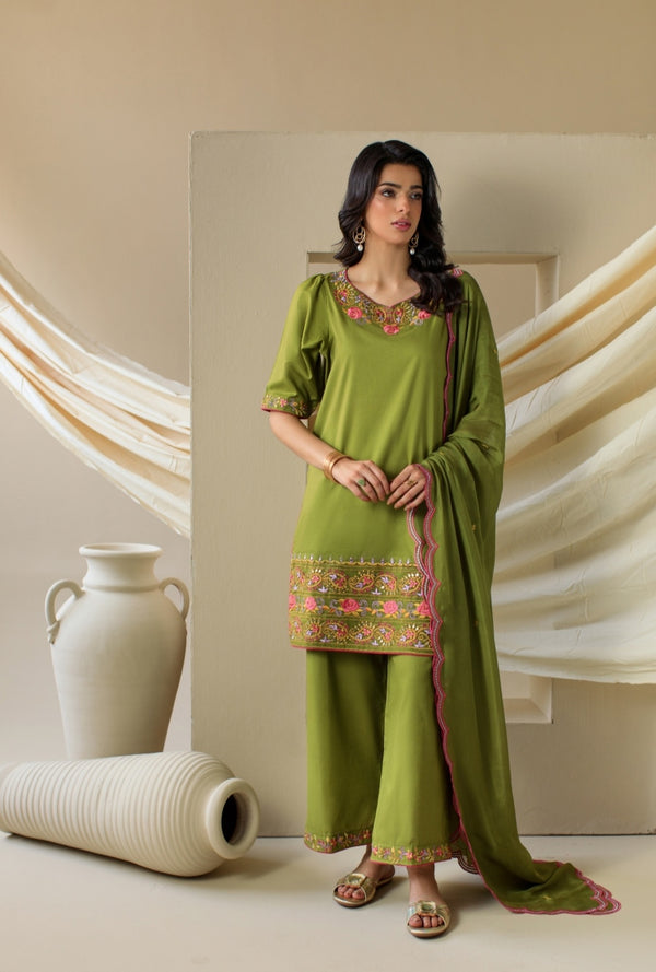 3-Piece Parrot Green Embroidered Lawn