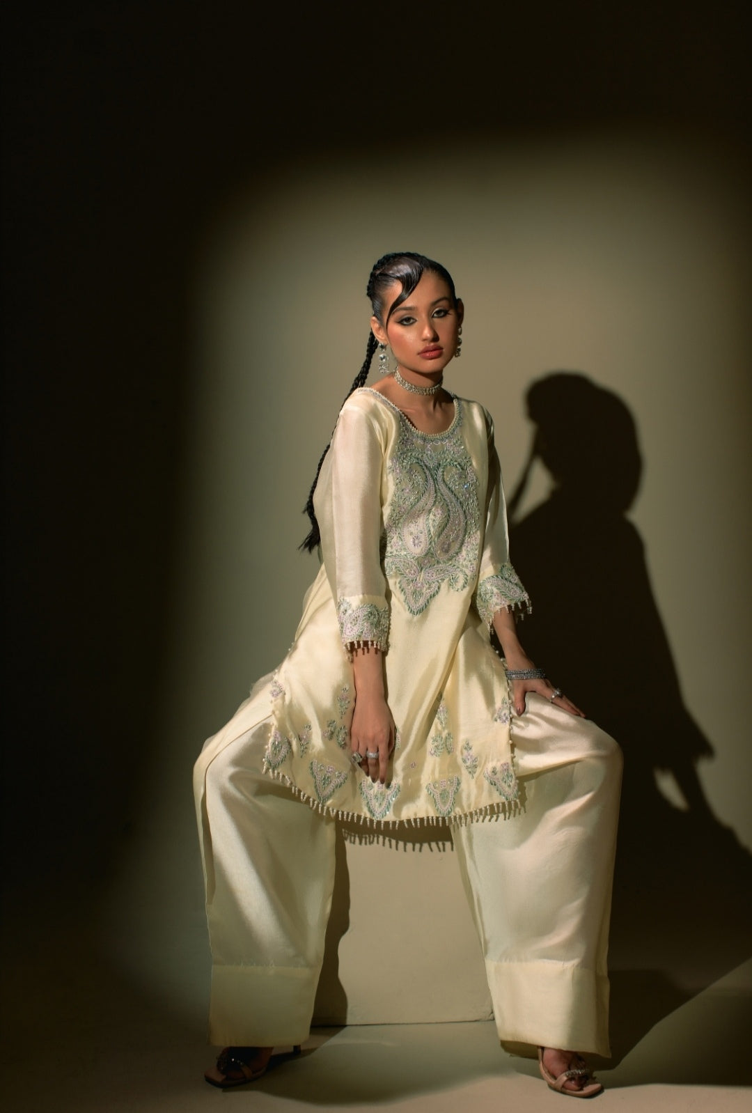 3-Piece Cream Embroidered Shisha Silk