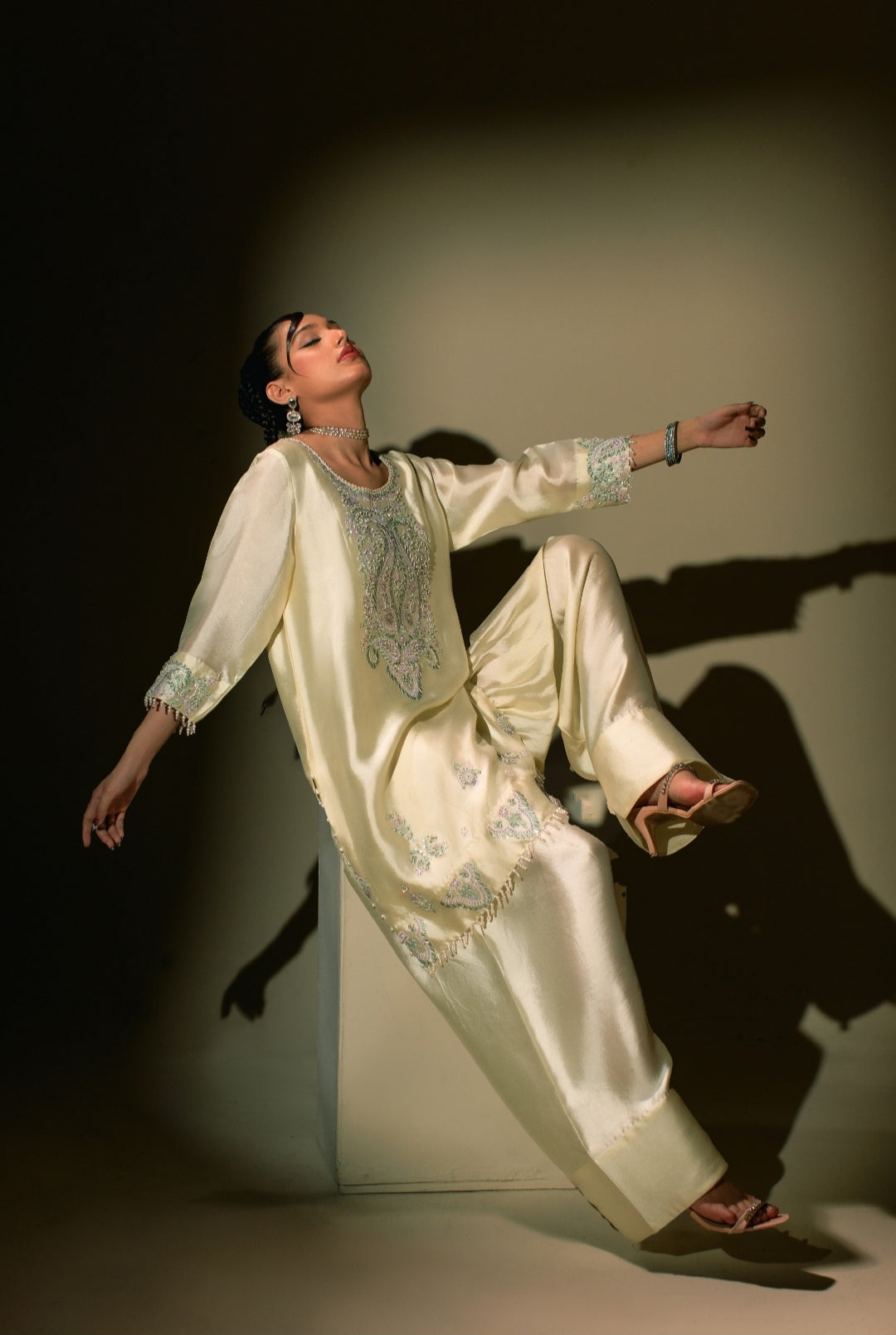 3-Piece Cream Embroidered Shisha Silk