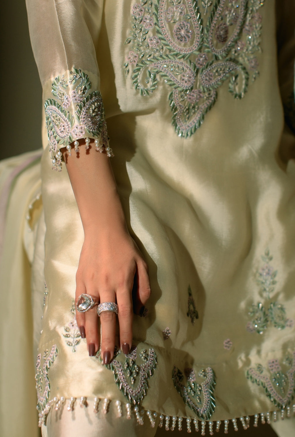 3-Piece Cream Embroidered Shisha Silk