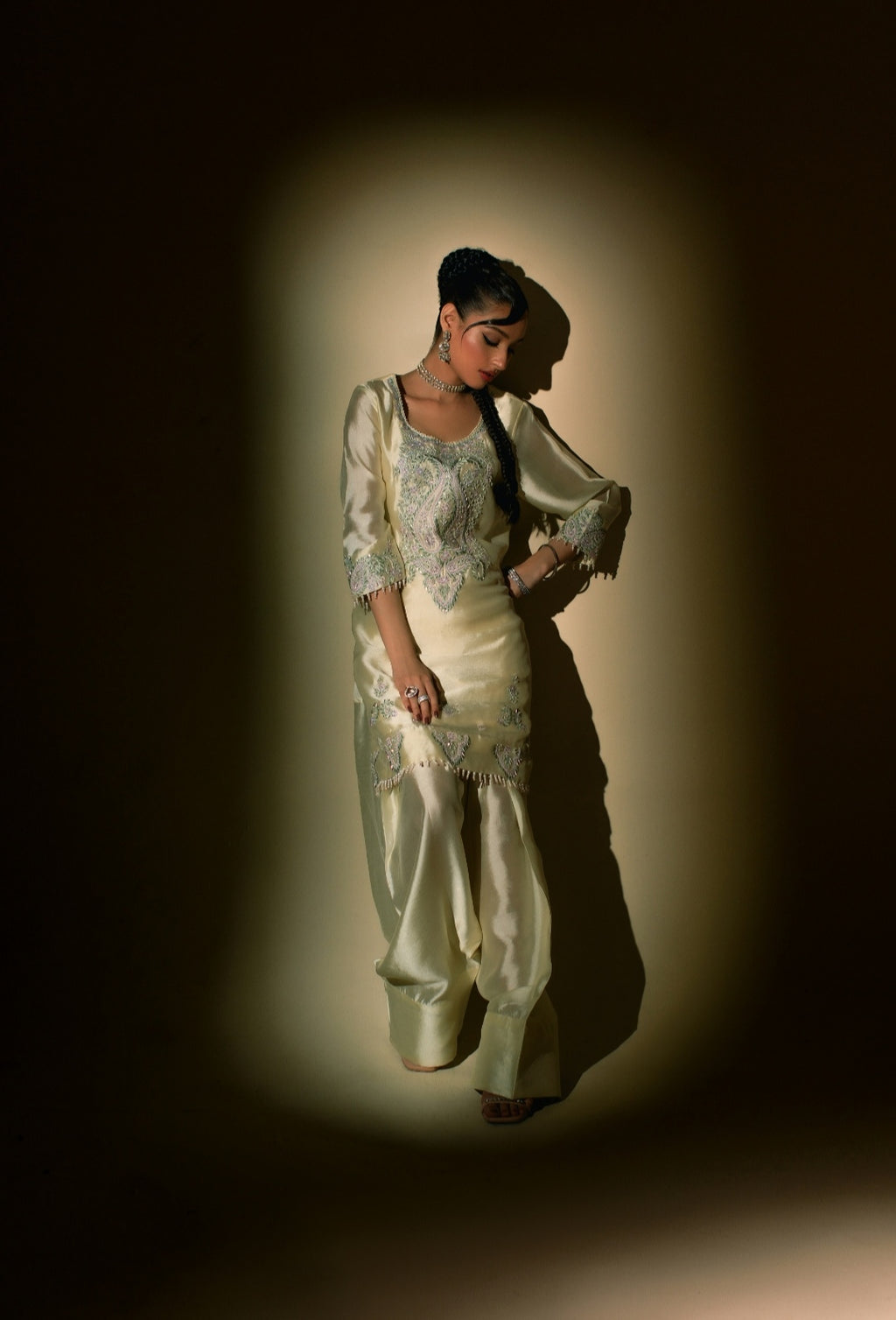 3-Piece Cream Embroidered Shisha Silk