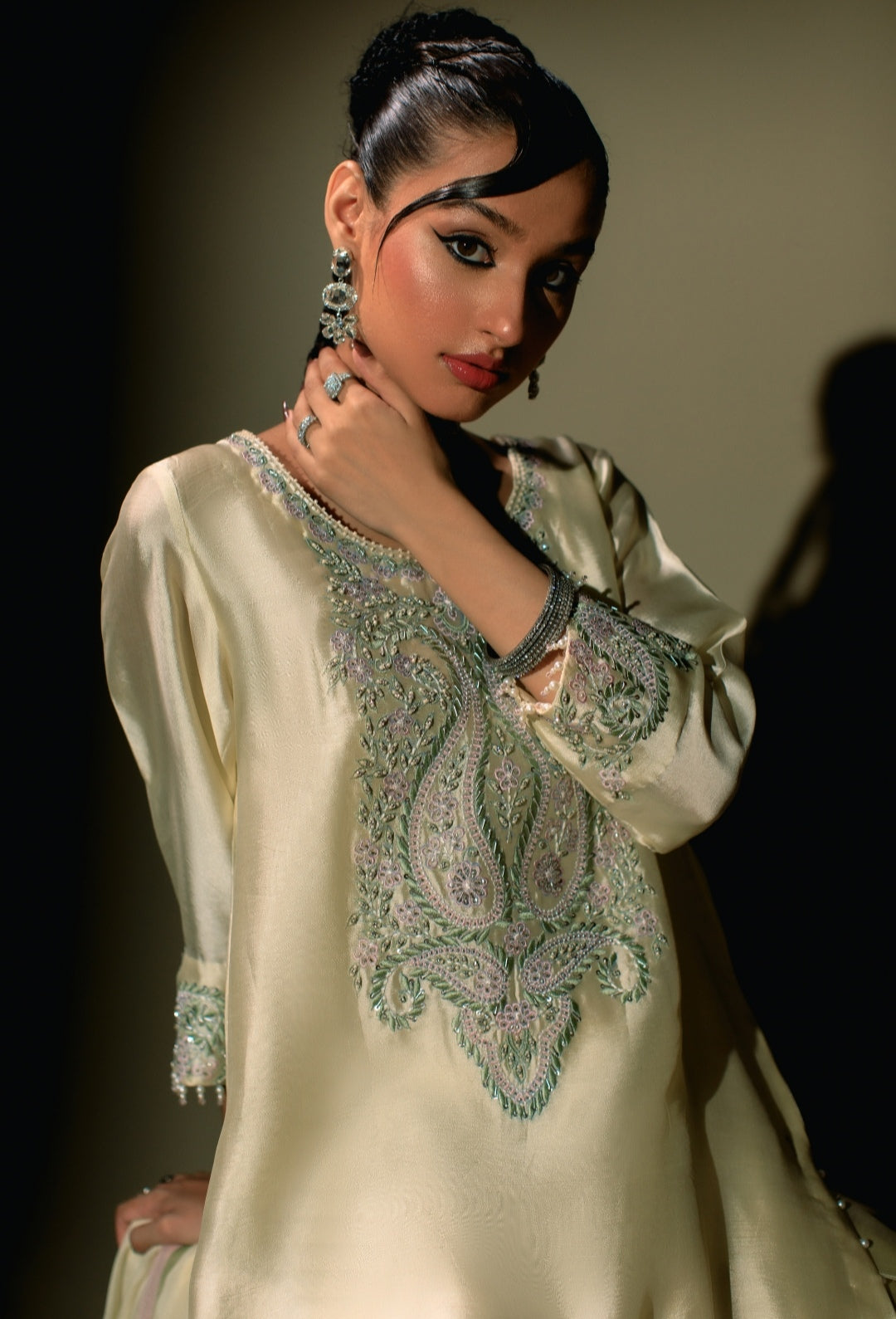 3-Piece Cream Embroidered Shisha Silk