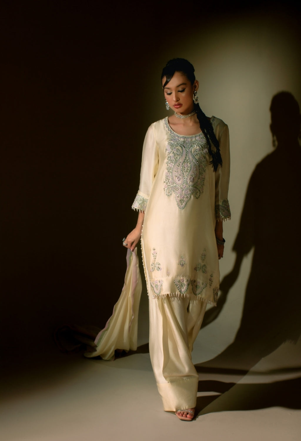 3-Piece Cream Embroidered Shisha Silk