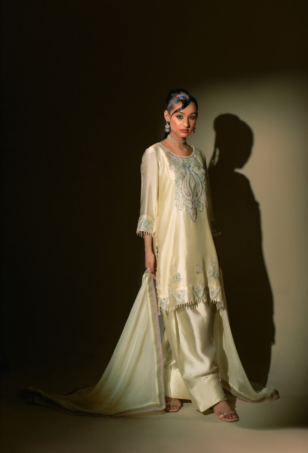 3-Piece Cream Embroidered Shisha Silk