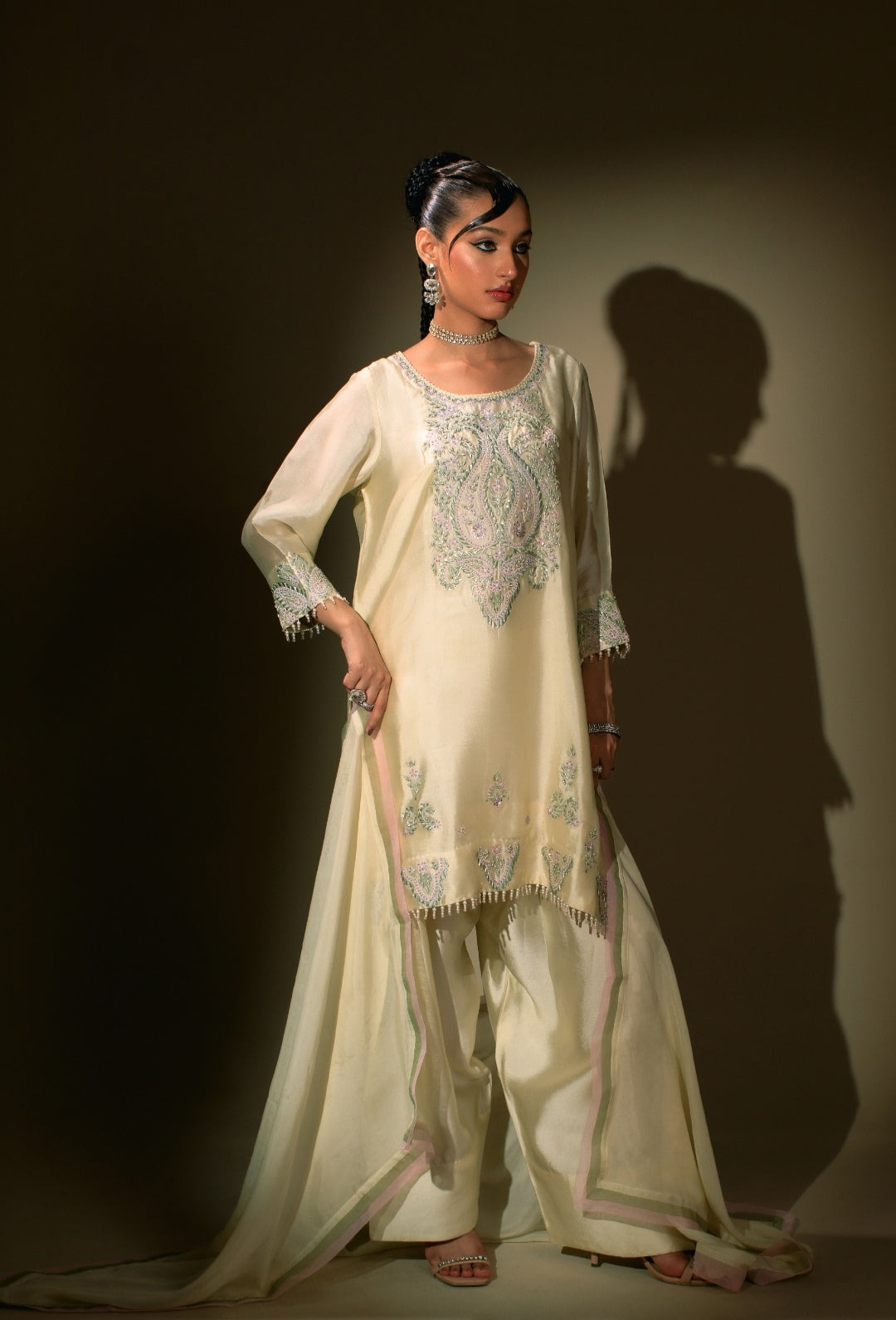 3-Piece Cream Embroidered Shisha Silk
