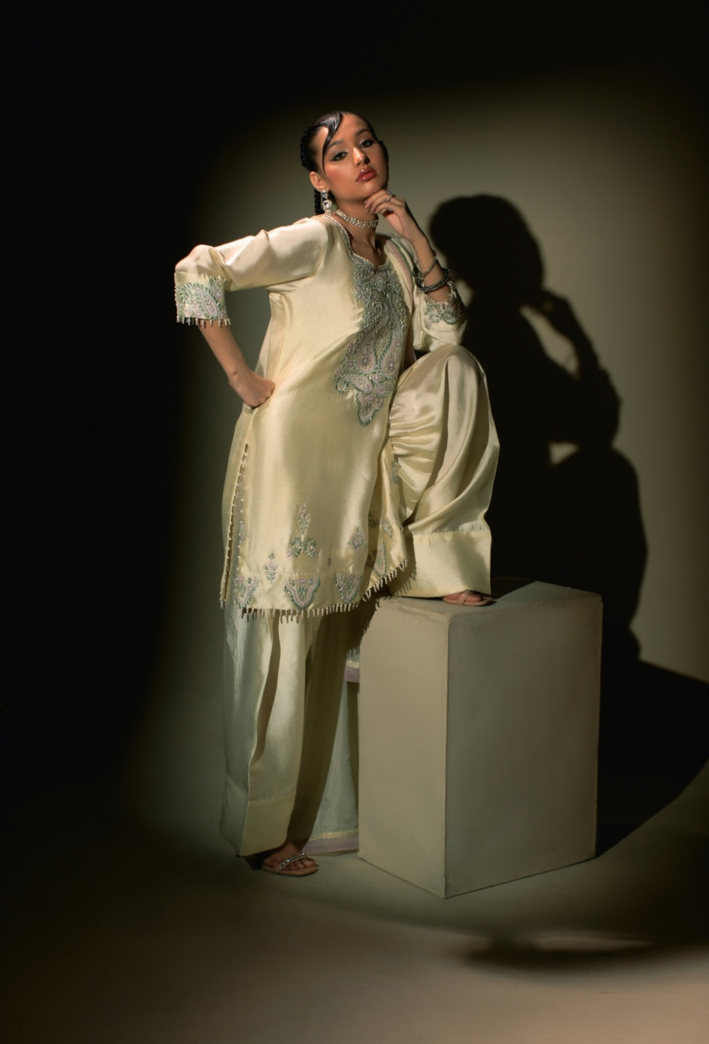 3-Piece Cream Embroidered Shisha Silk