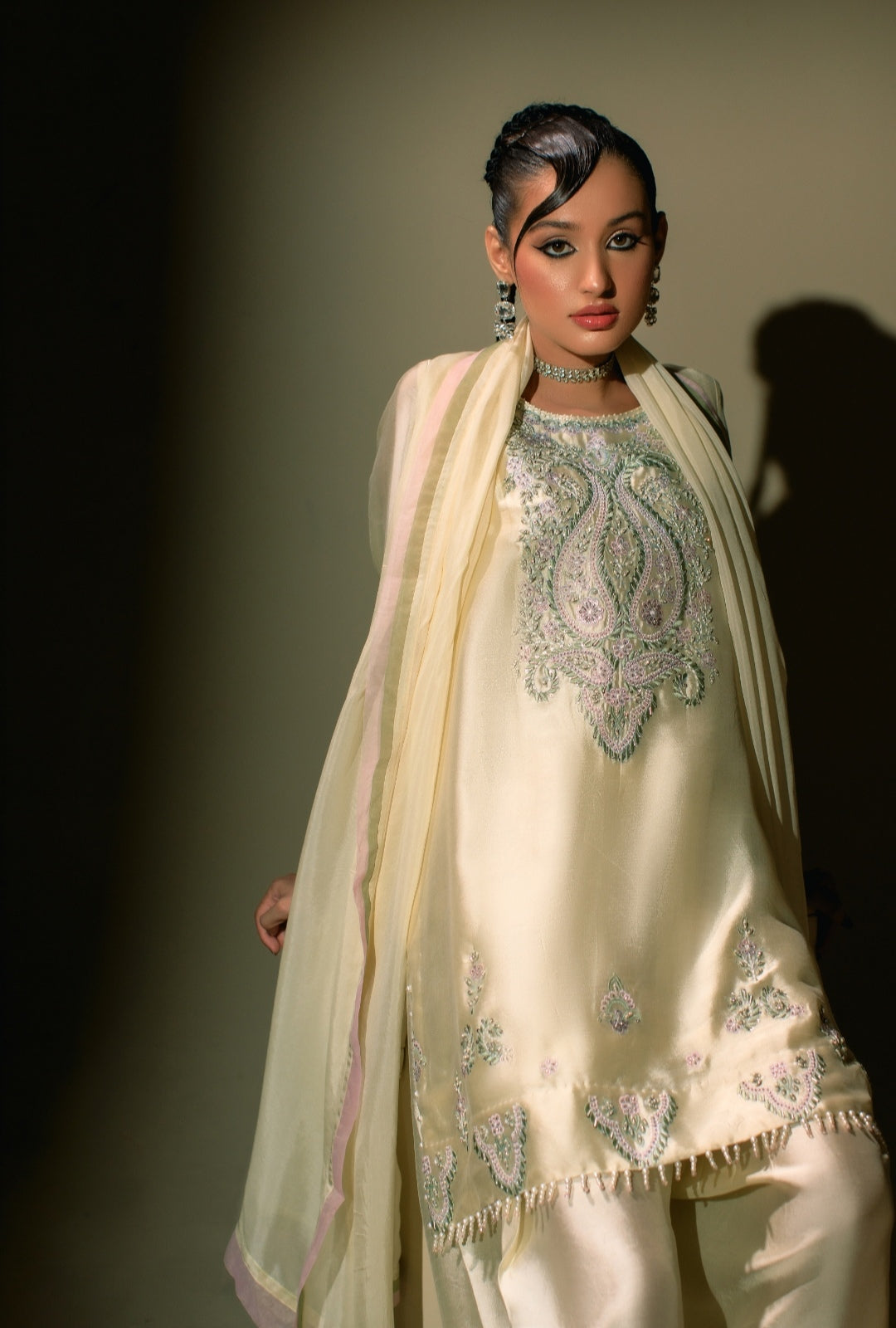 3-Piece Cream Embroidered Shisha Silk