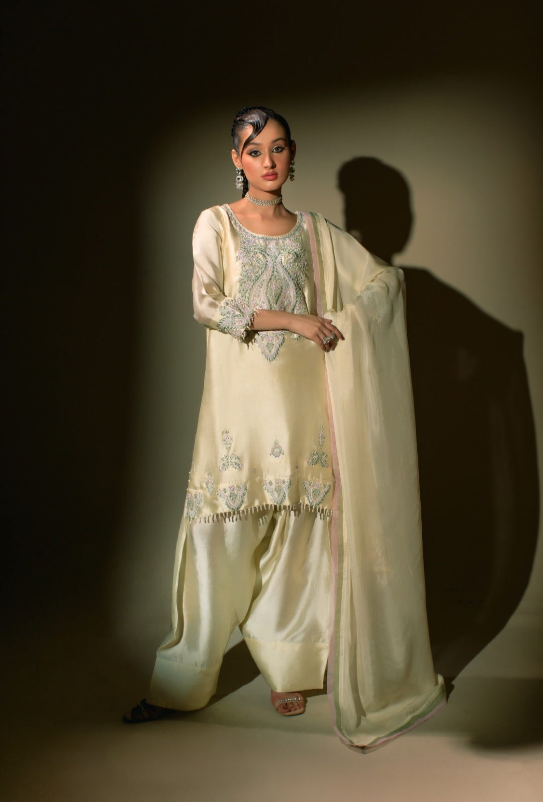 3-Piece Cream Embroidered Shisha Silk