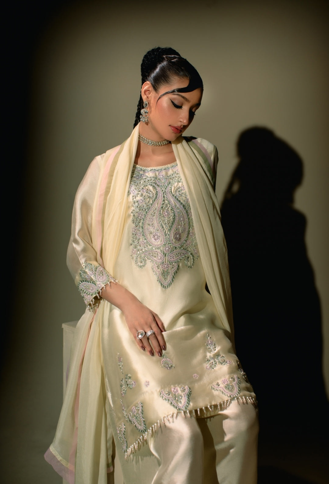 3-Piece Cream Embroidered Shisha Silk