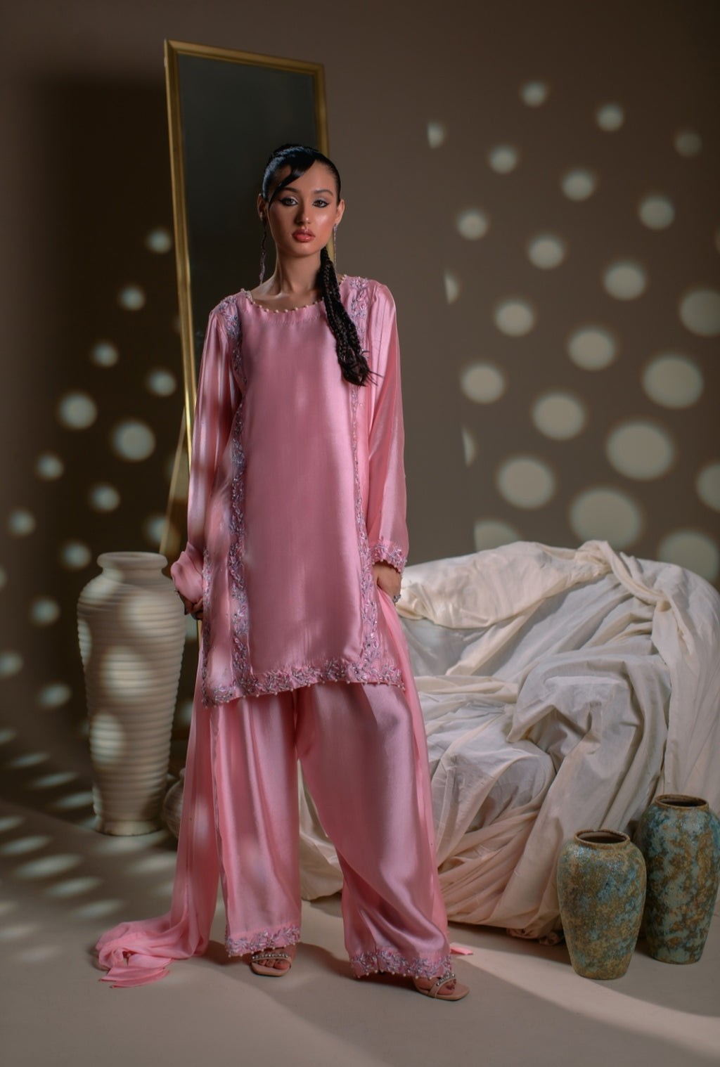 3-Piece Gray Embroidered Shisha Silk