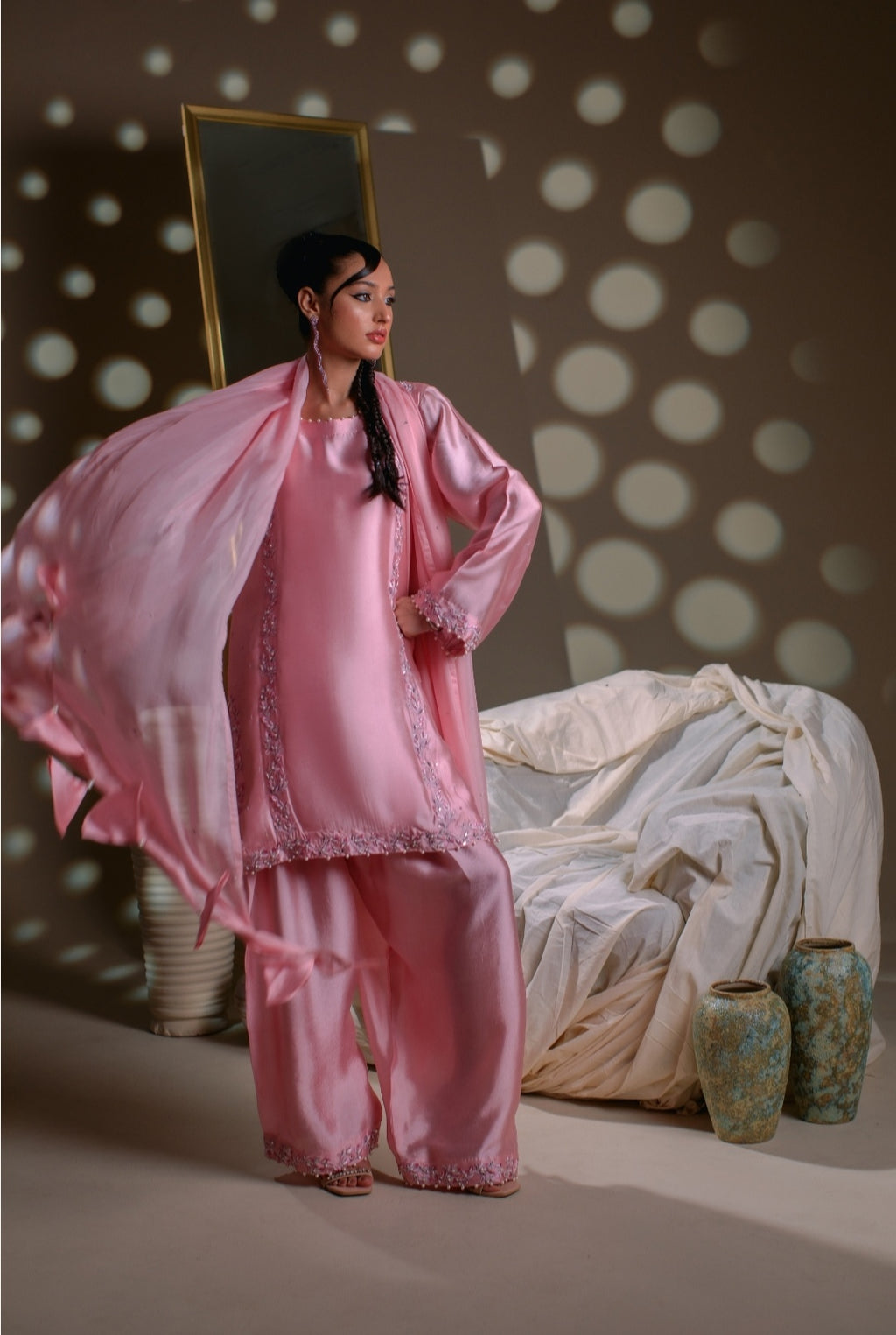 3-Piece Gray Embroidered Shisha Silk