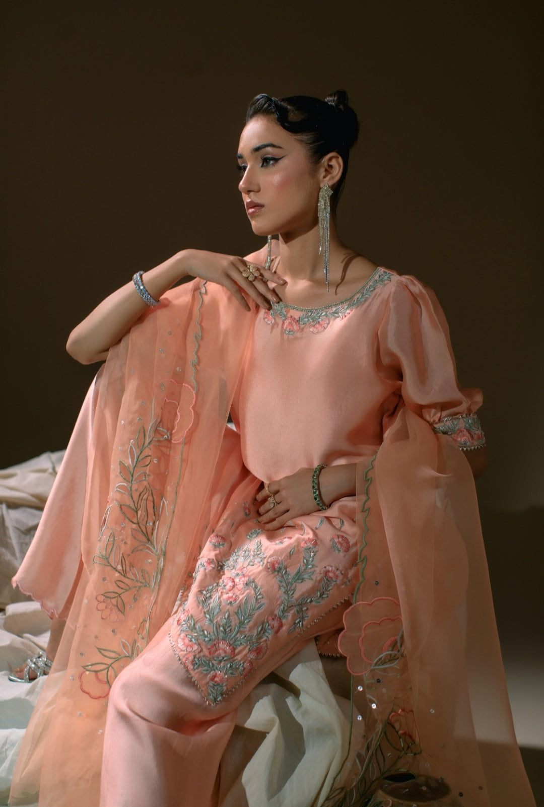 3-Piece Peach Embroidered Shisha Silk