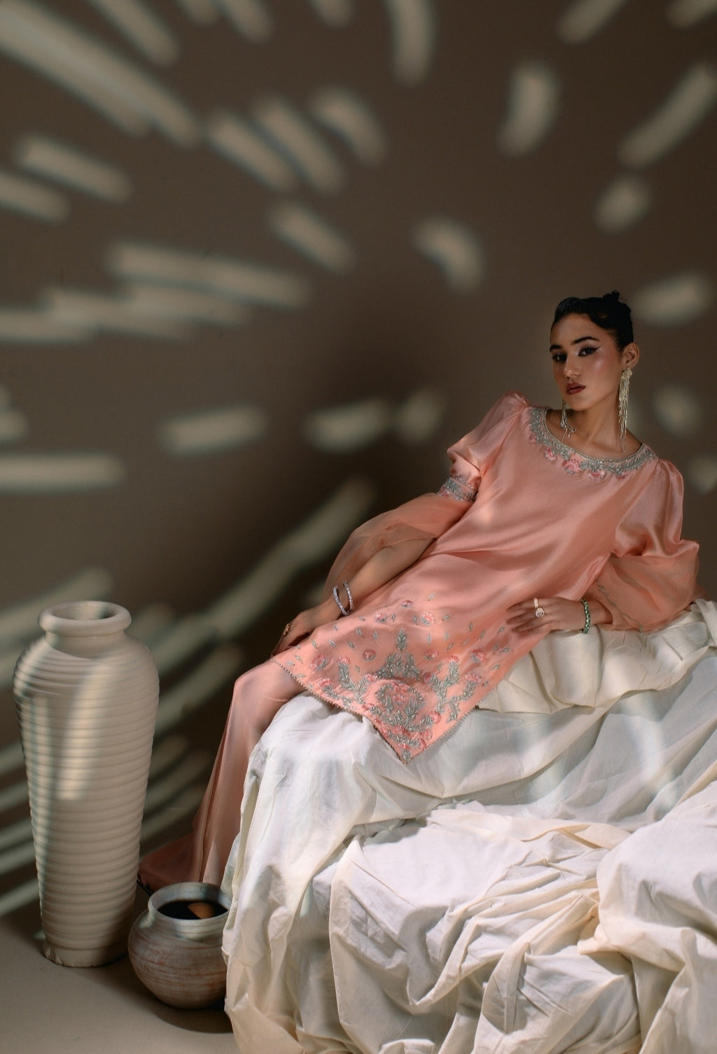 3-Piece Peach Embroidered Shisha Silk