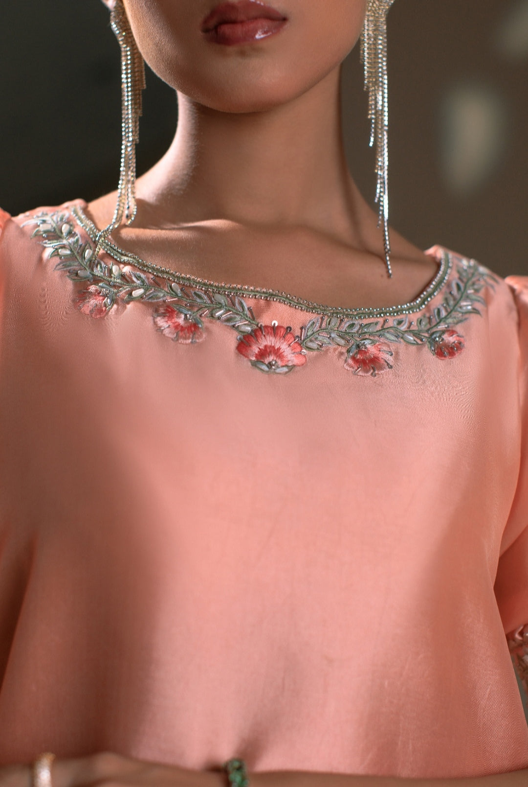 3-Piece Peach Embroidered Shisha Silk