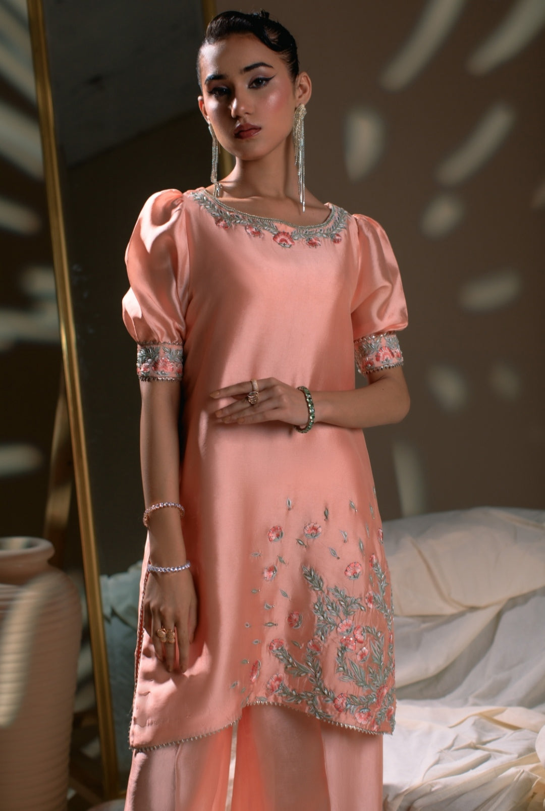 3-Piece Peach Embroidered Shisha Silk