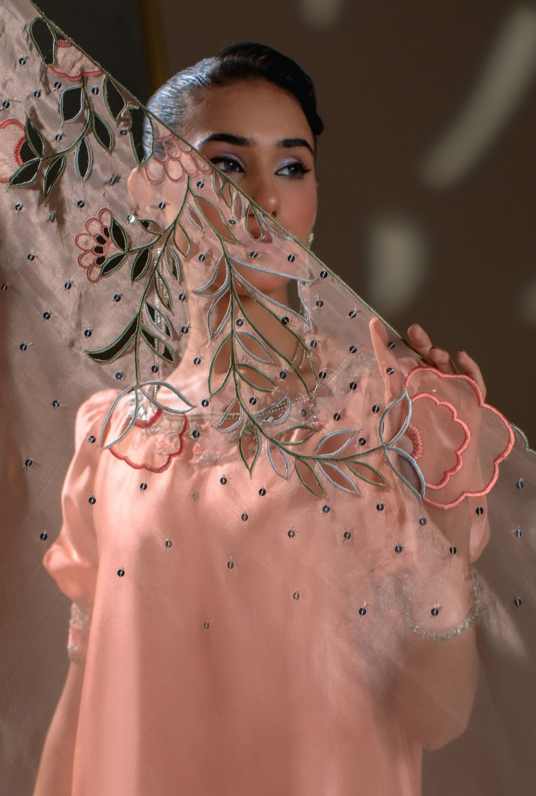 3-Piece Peach Embroidered Shisha Silk