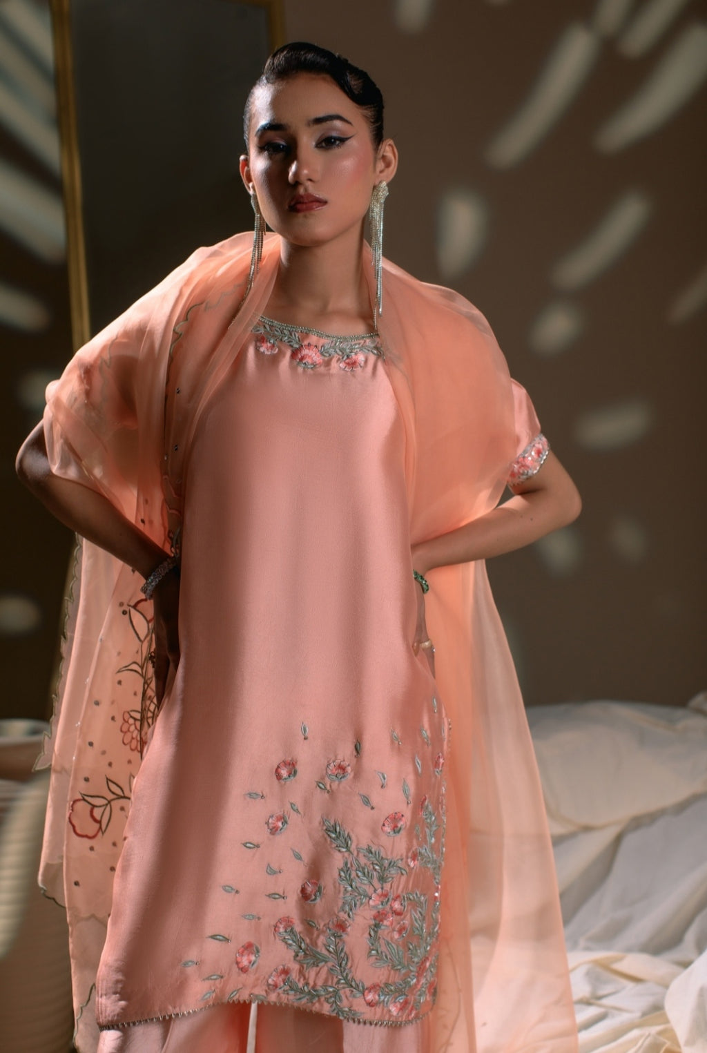 3-Piece Peach Embroidered Shisha Silk