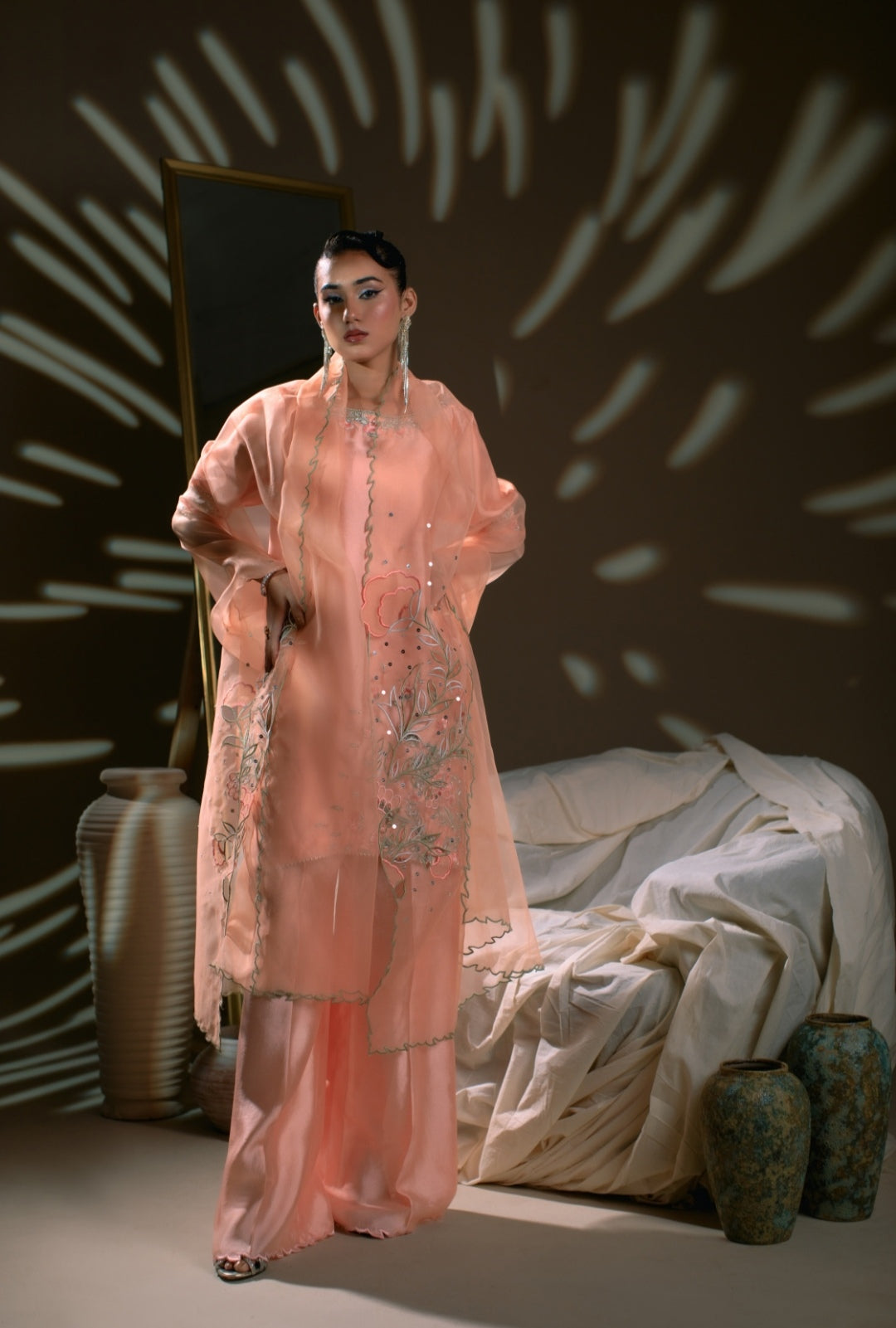 3-Piece Peach Embroidered Shisha Silk