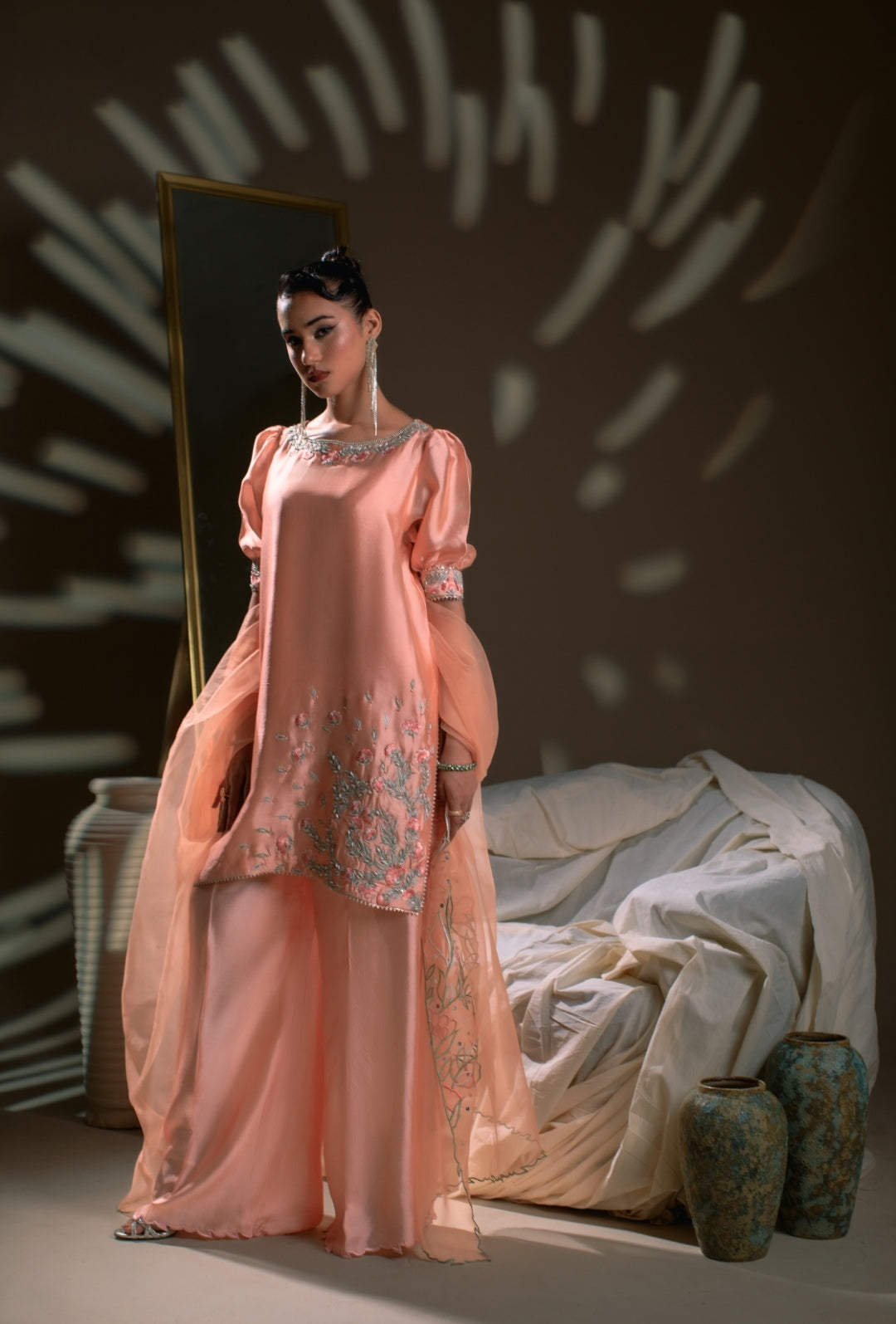 3-Piece Peach Embroidered Shisha Silk