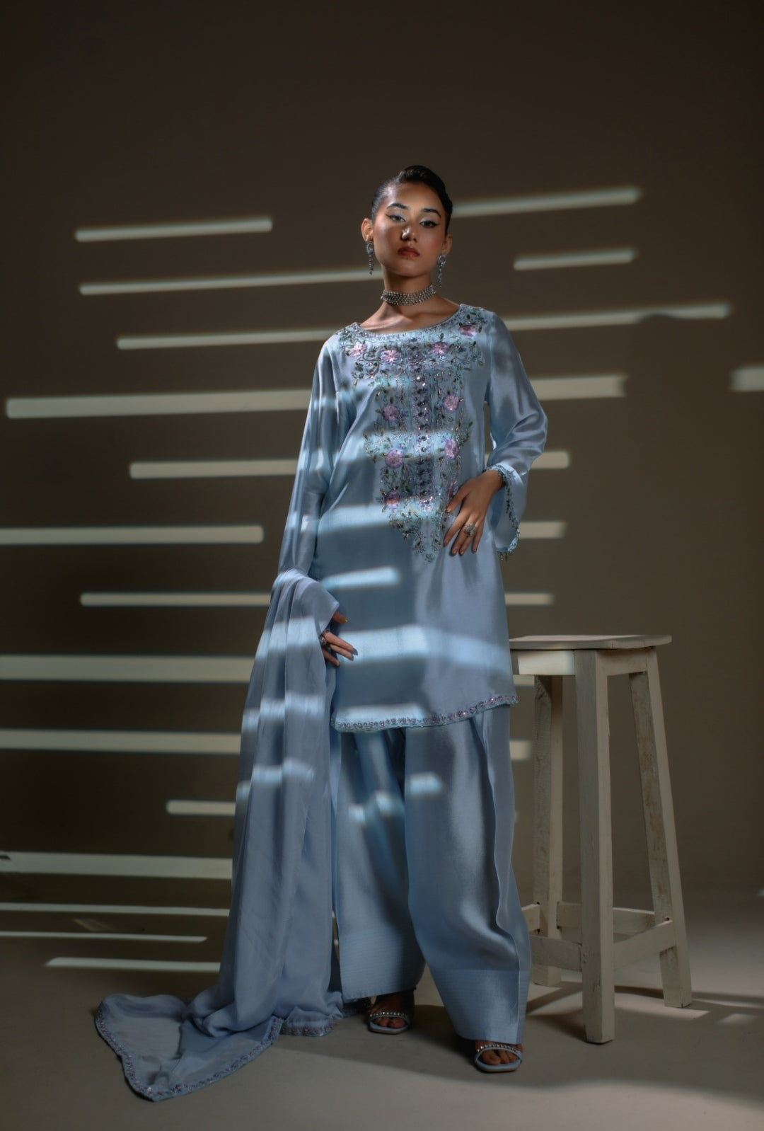 3-Piece Blue Embroidered Shisha Silk