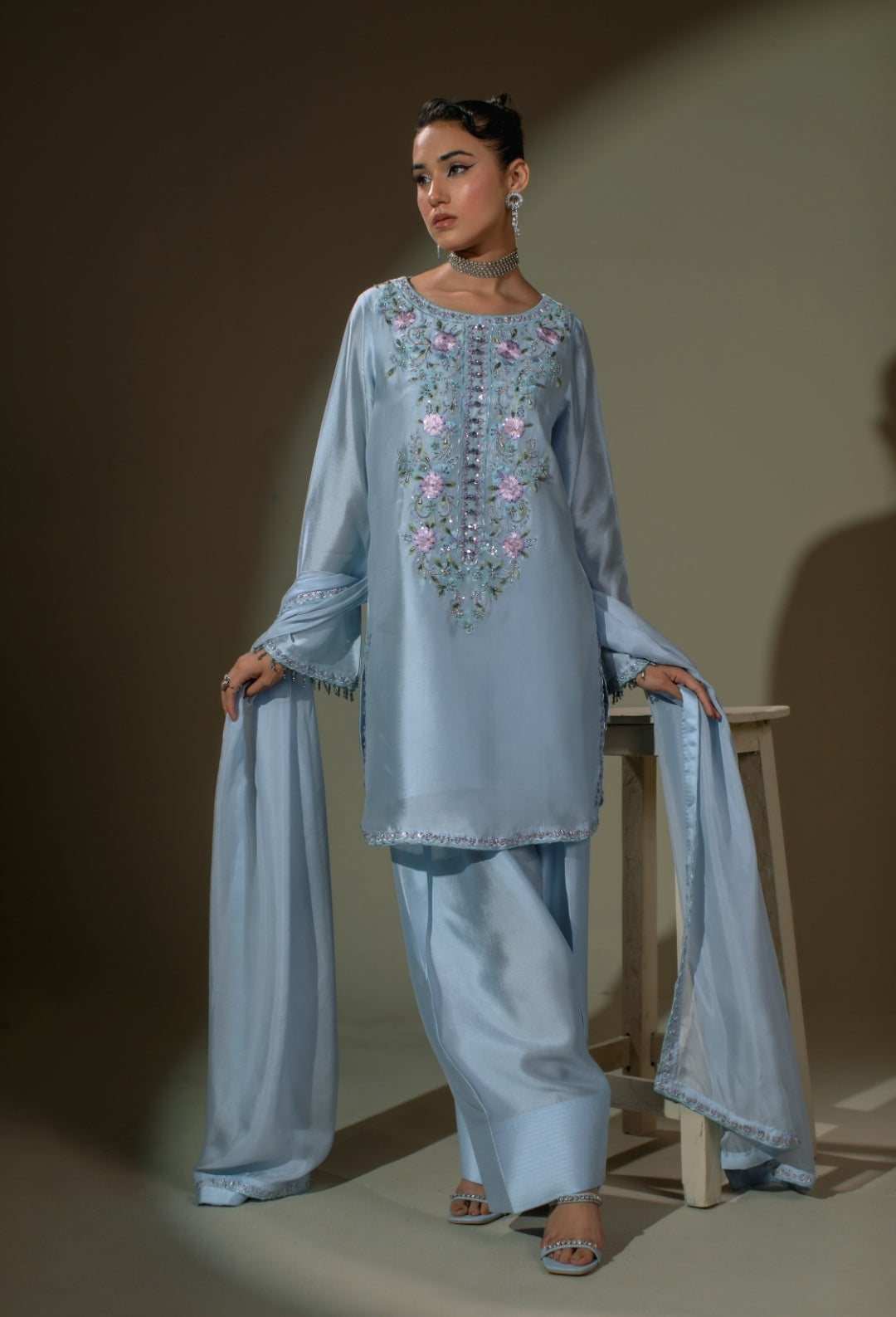 3-Piece Blue Embroidered Shisha Silk